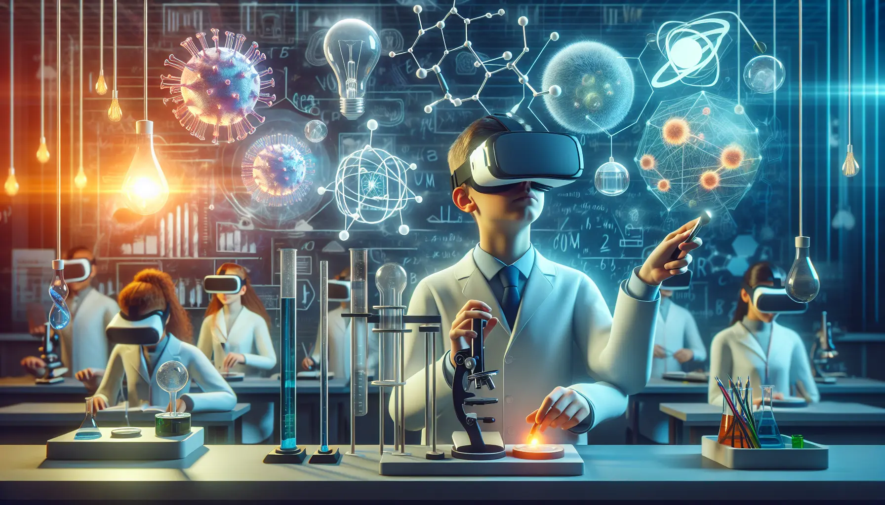 Studente che utilizza un visore di realtà virtuale per esplorare un ambiente scientifico