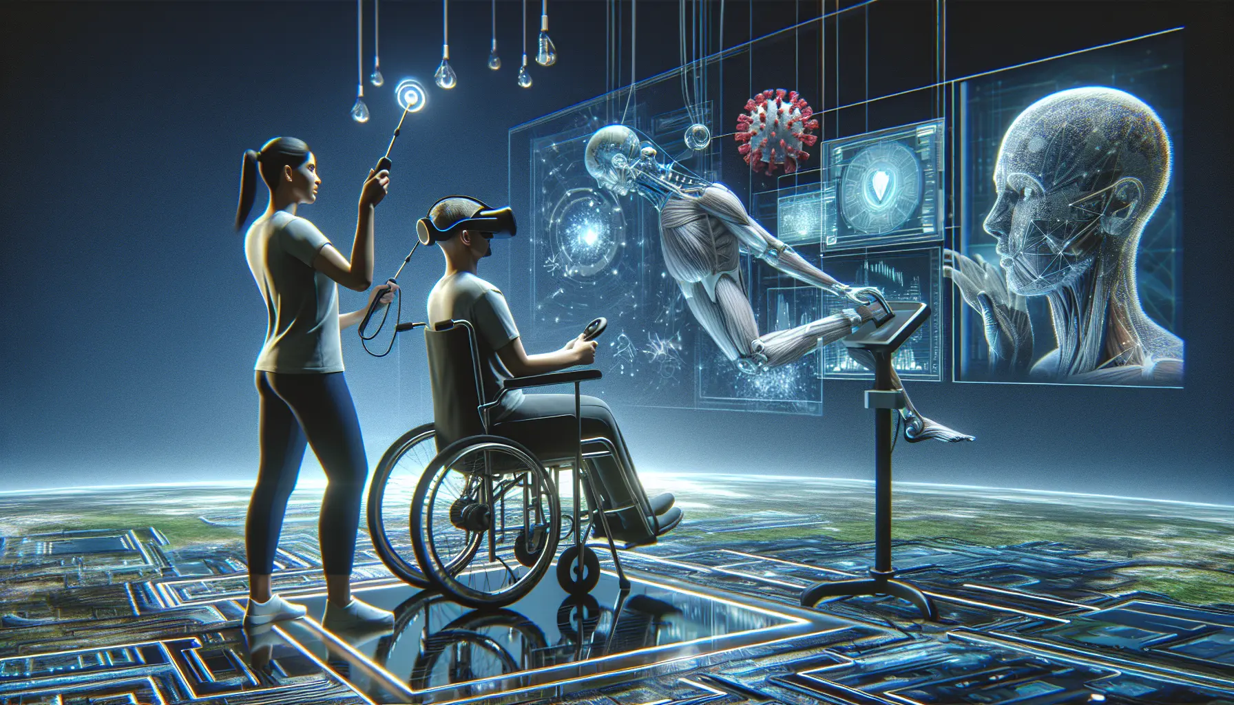 Un paziente che utilizza un visore di realtà virtuale durante una sessione di riabilitazione