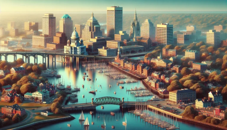 Vista panoramica di Providence, Rhode Island, con il fiume e le torri storiche sullo sfondo