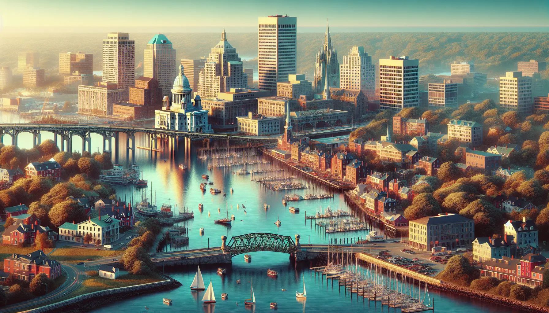 Vista panoramica di Providence, Rhode Island, con il fiume e le torri storiche sullo sfondo