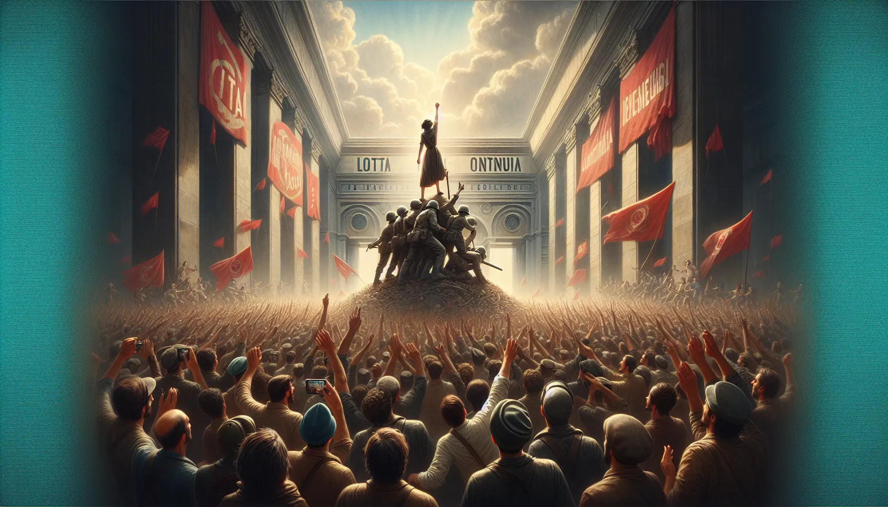 Manifestazione di Lotta Continua con giovani attivisti che esprimono il loro impegno per la giustizia sociale.