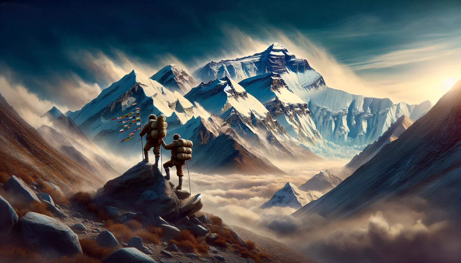 Sir Edmund Hillary e Tenzing Norgay sulla vetta del Monte Everest, simbolo di avventura e determinazione.