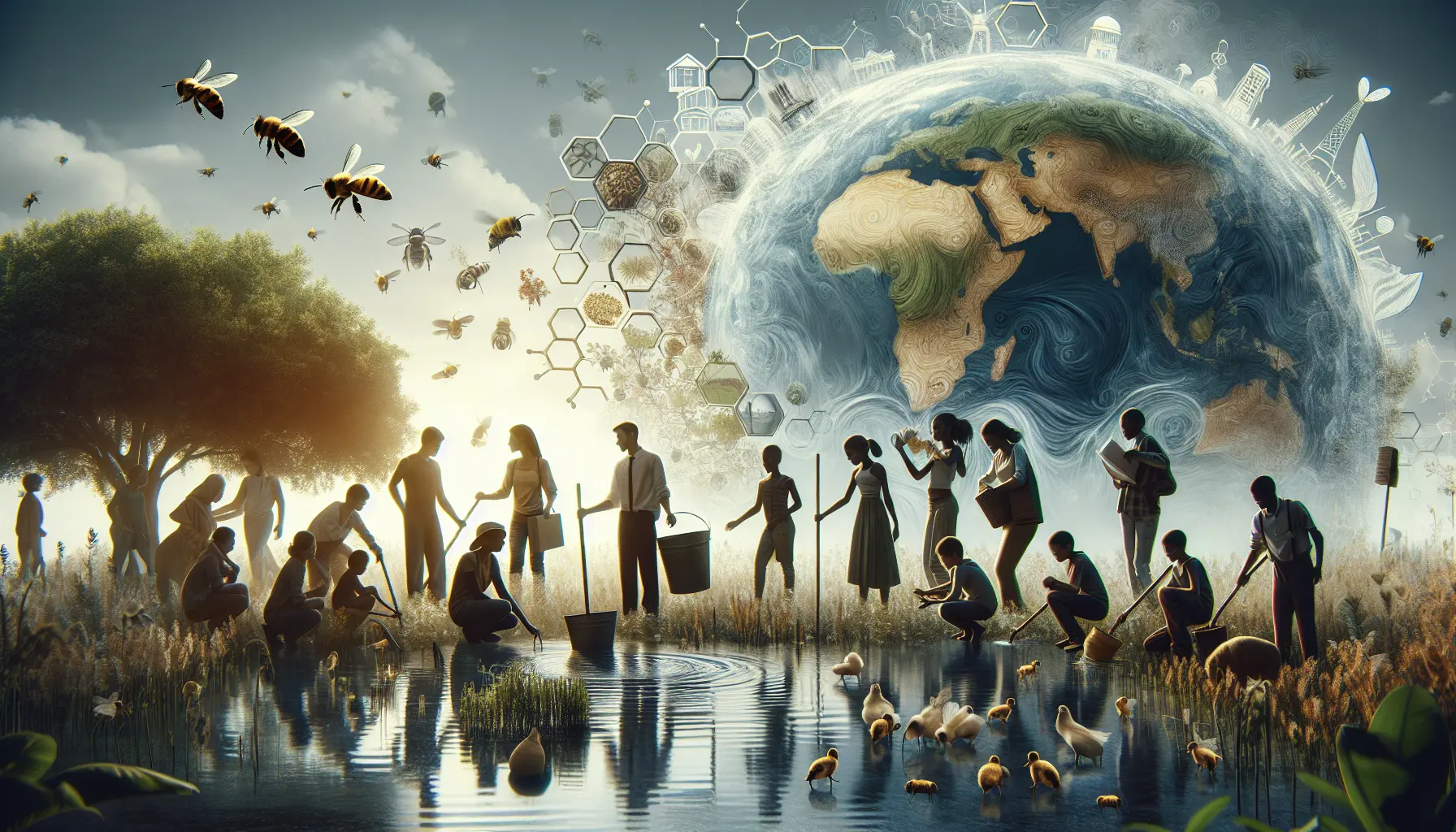 Un gruppo di giovane attivisti che si riunisce per discutere idee sostenibili, circondato da natura e tradizioni locali.