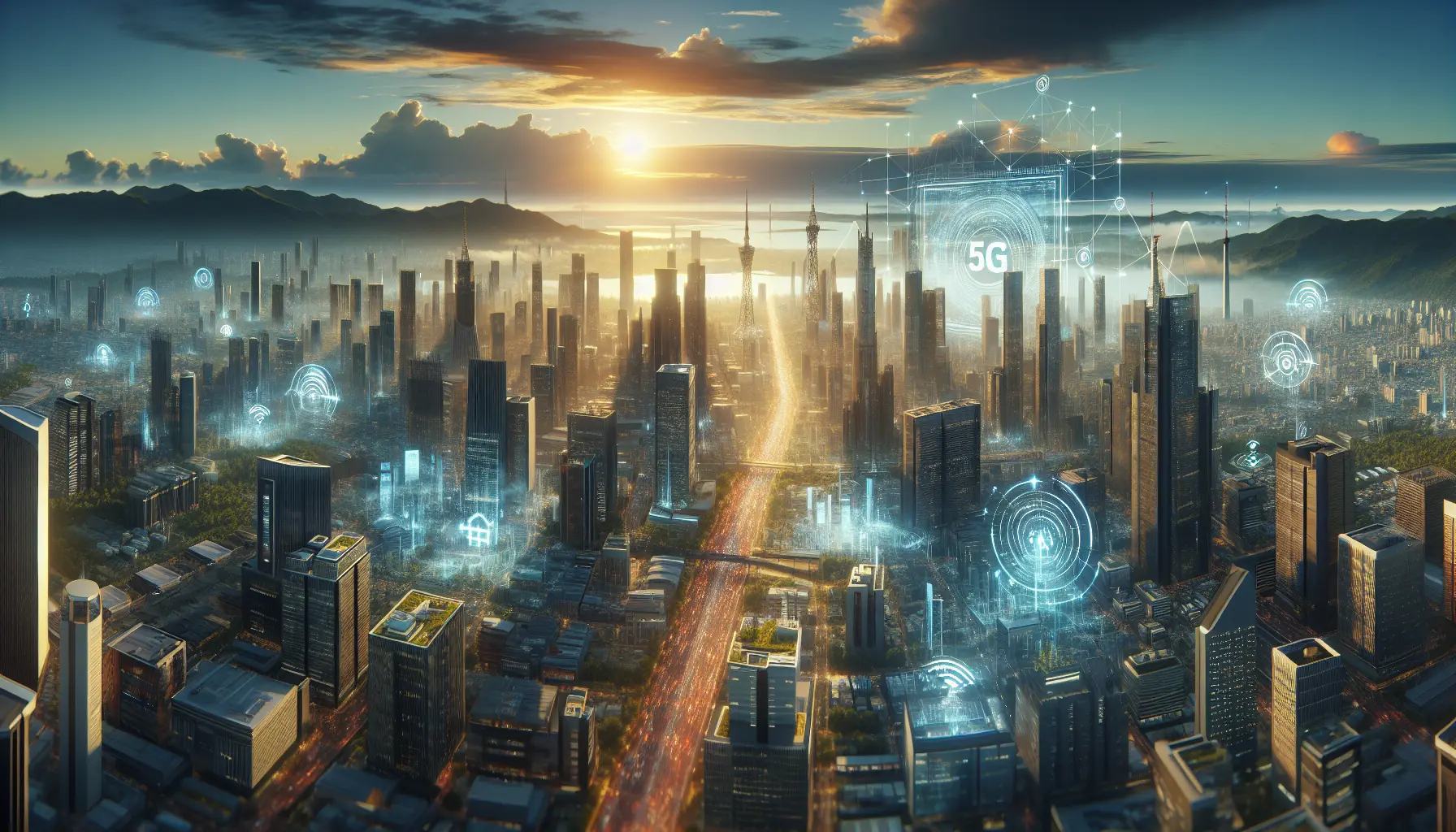 Un'immagine che rappresenta il concetto di connettività 5G, con dispositivi mobili e infrastrutture tecnologiche moderne.