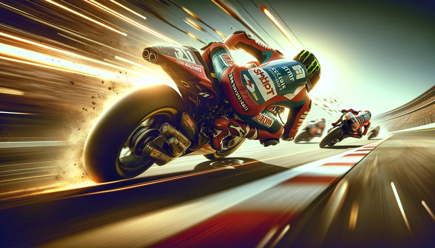 Un pilota di MotoGP in azione durante una gara sprint, con moto ad alta velocità e pubblico entusiasta sullo sfondo.