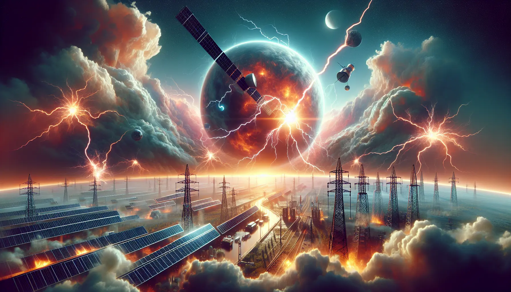 Rappresentazione grafica di una tempesta solare che colpisce la Terra, evidenziando l'interazione tra il Sole e il campo magnetico terrestre.
