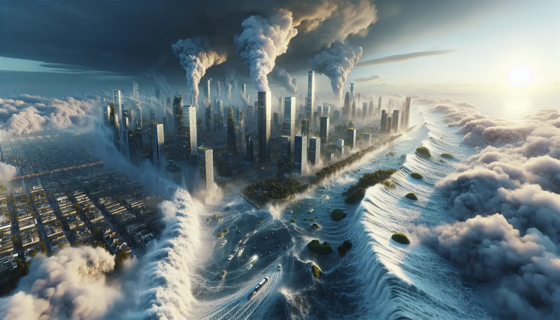 Un paesaggio devastato da un evento meteorologico estremo, con alberi abbattuti e cieli tempestosi.