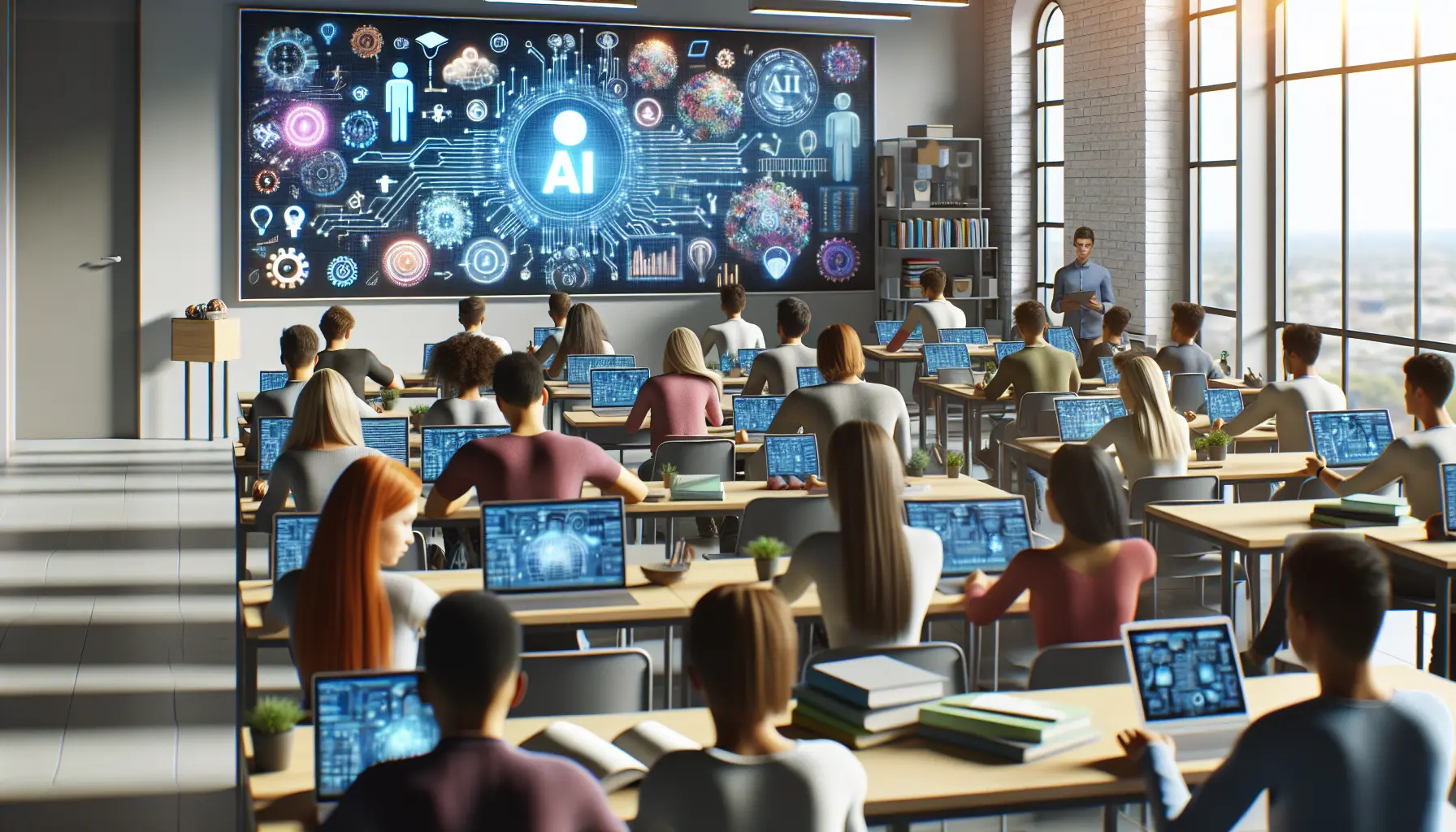 Un insegnante utilizza strumenti di intelligenza artificiale per migliorare l'apprendimento degli studenti in aula.