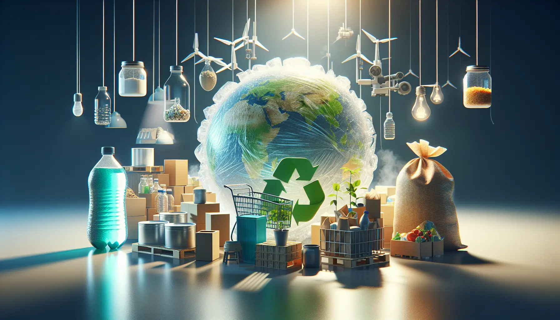 Imballaggi biodegradabili innovativi in un contesto naturale, rappresentando il futuro sostenibile del packaging.