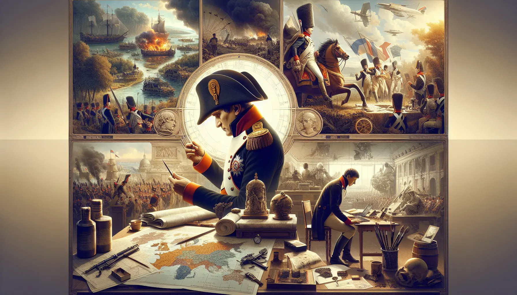 Ritratto di Napoleone Bonaparte in uniforme militare, simbolo di potere e strategia.