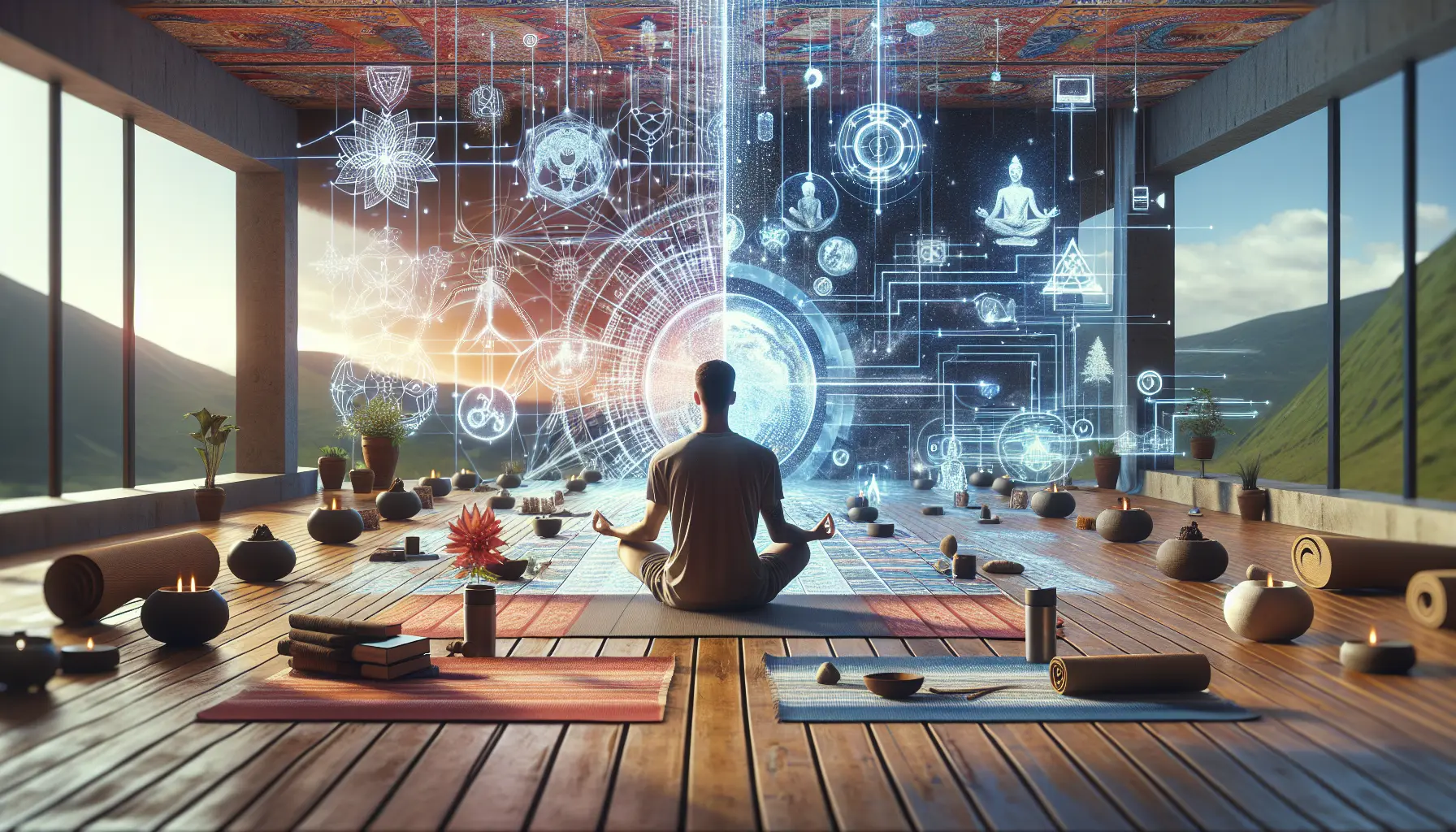 Una persona che utilizza un'app di meditazione sul proprio smartphone in un ambiente tranquillo e rilassante.