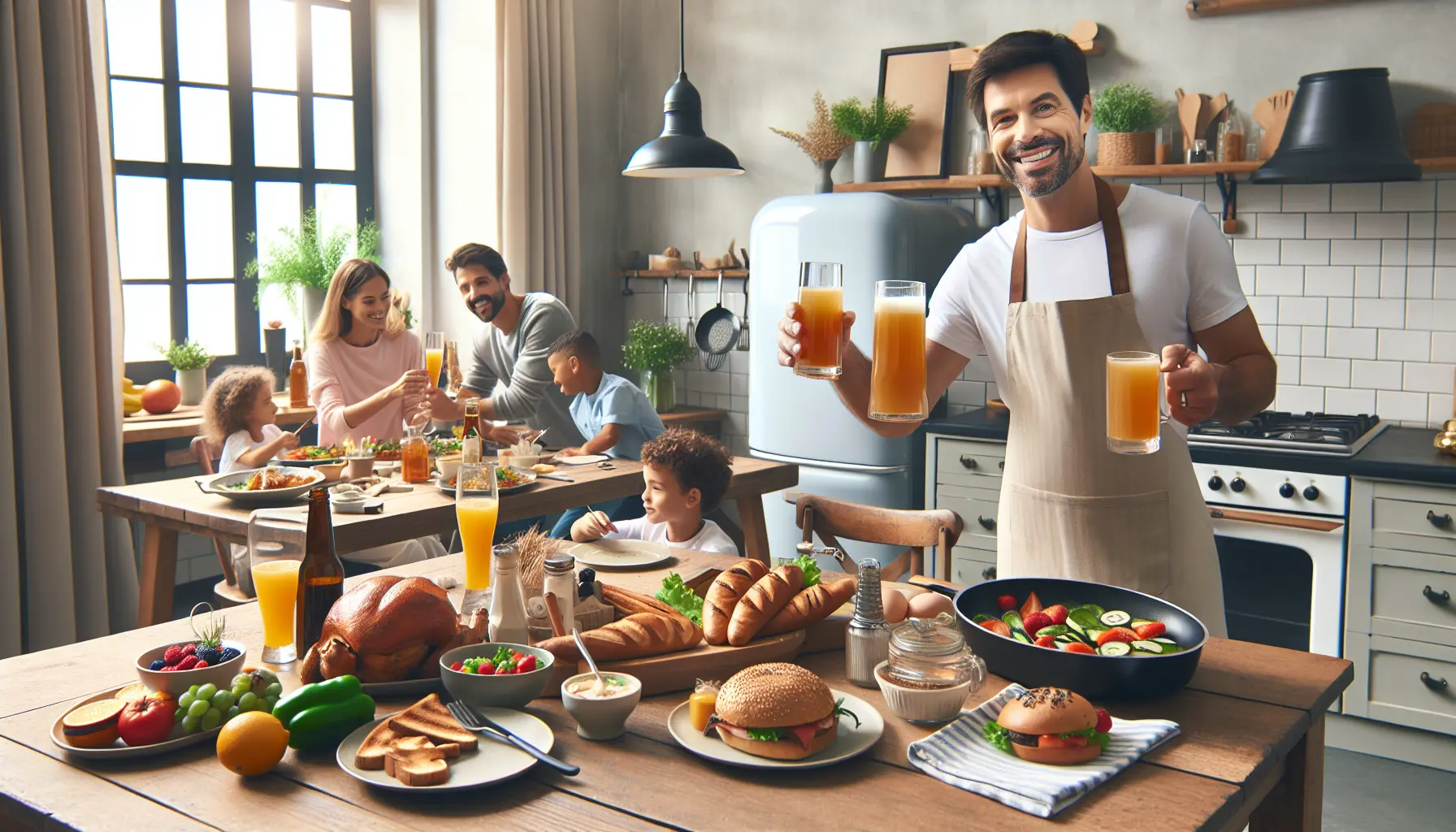 Tavola imbandita per un brunch con piatti colorati e bevande fresche