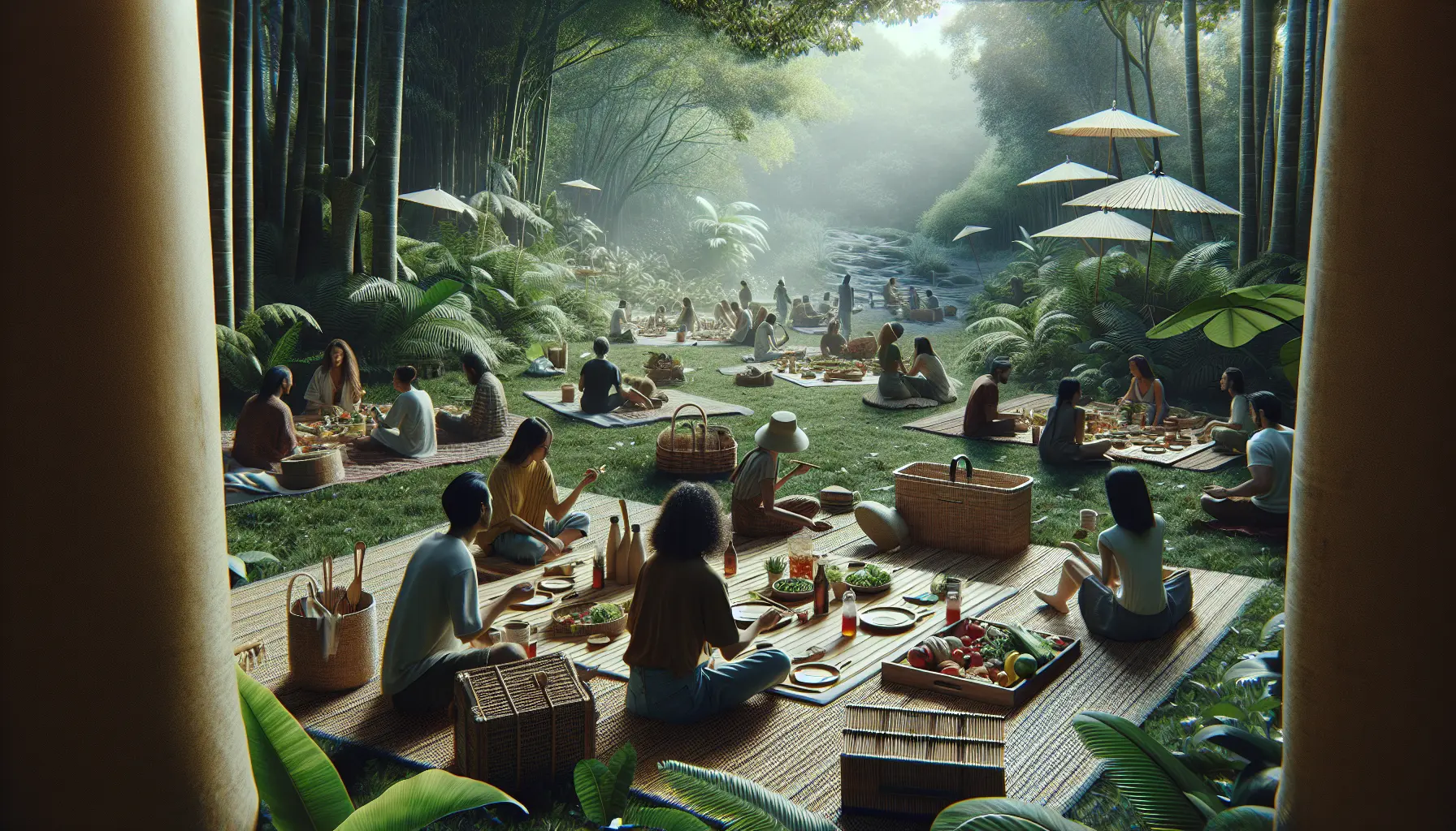 Un picnic sostenibile all'aperto con cibo fresco e materiali riutilizzabili, immerso nella natura.