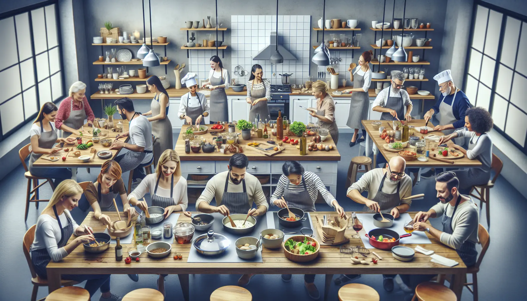 Un gruppo di persone che partecipano a un workshop culinario, intenti a preparare piatti in un ambiente accogliente e informale.