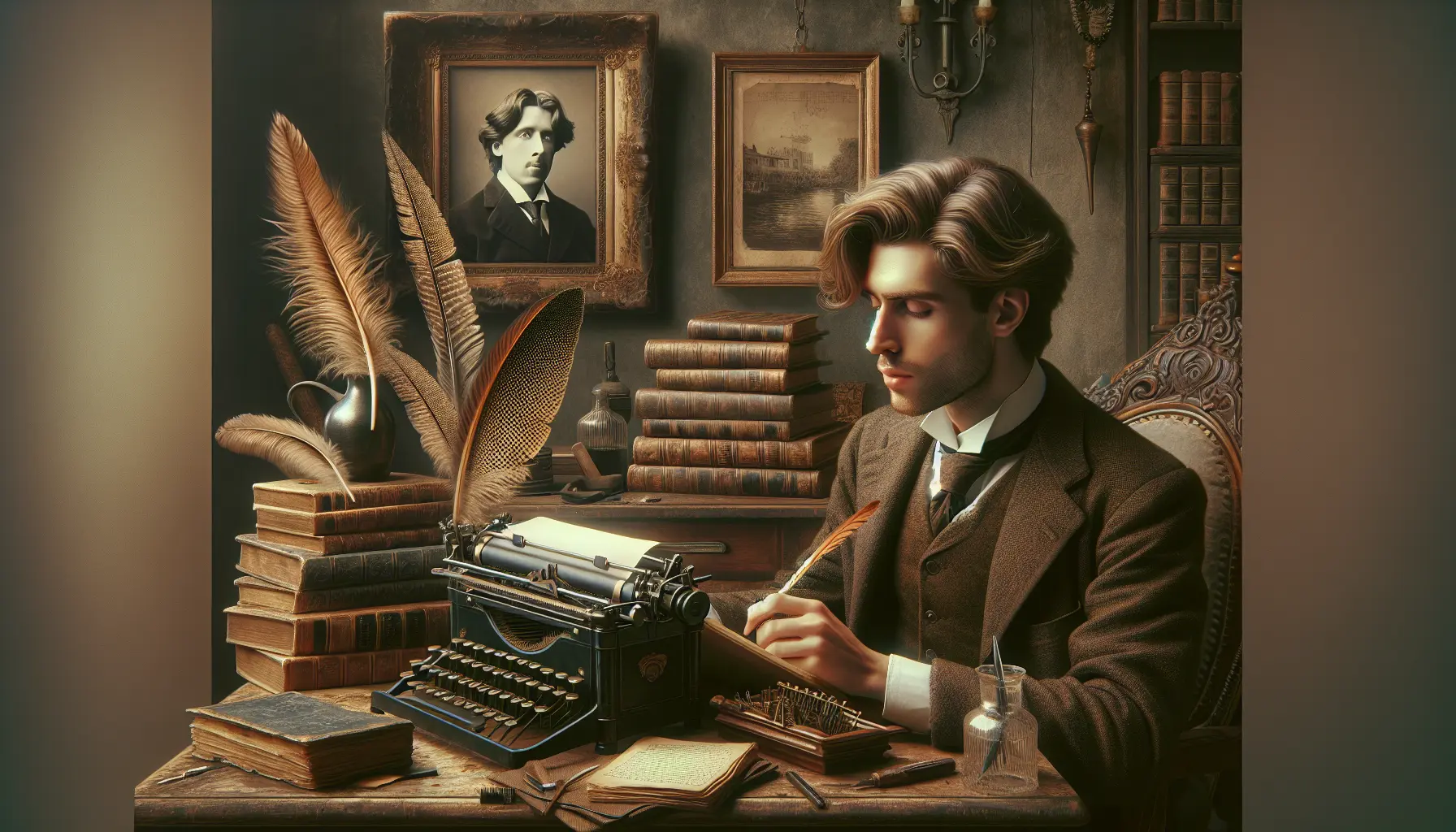 Ritratto di Oscar Wilde, scrittore irlandese, con uno sfondo di libri e penne, simbolo della sua eredità letteraria.