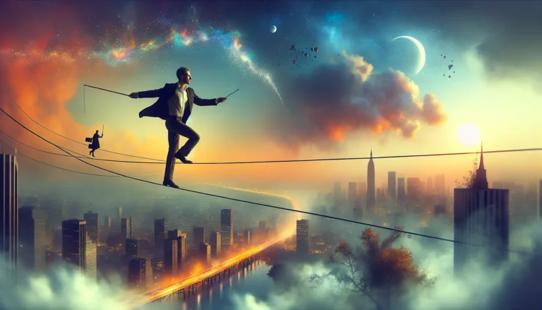 Philippe Petit cammina su un cavo tra due grattacieli, rappresentando la bellezza e il coraggio dell'arte del funambolismo.