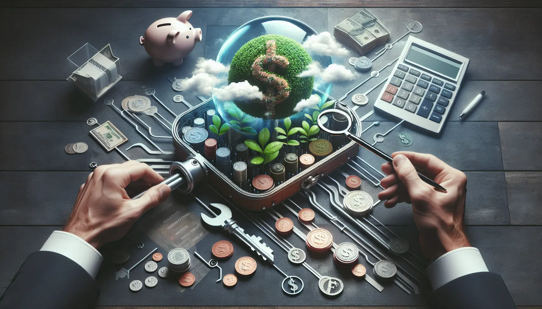 Una persona che pianifica le proprie finanze con un computer e un taccuino, circondata da grafici e appunti.