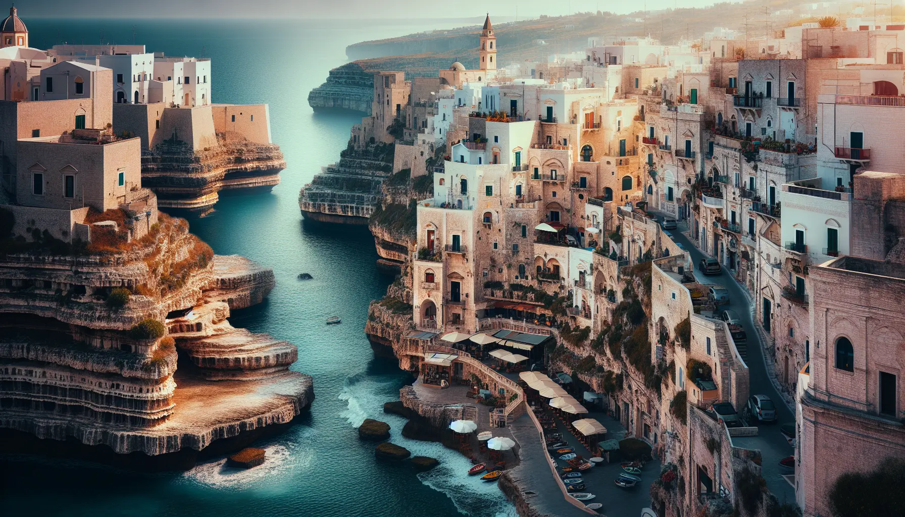Vista panoramica delle scogliere di Polignano a Mare con il mare cristallino sullo sfondo