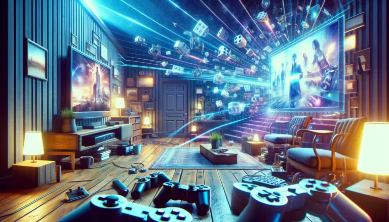 Un visore di realtà virtuale con un utente immerso in un'esperienza di gioco coinvolgente.