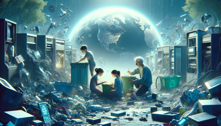 Dispositivi elettronici scartati in una discarica, simbolo del crescente problema dei rifiuti elettronici.