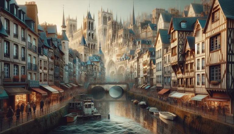 Vista panoramica della cattedrale di Notre-Dame a Rouen, con il suo stile gotico e la guglia imponente.