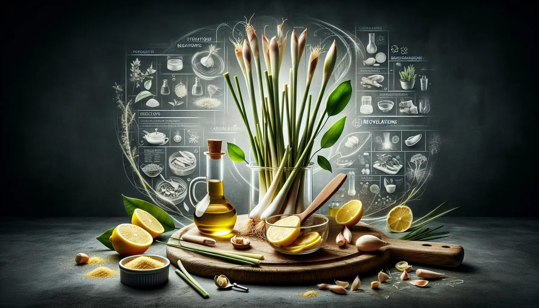 Gambi di lemongrass freschi su un tavolo di legno, pronti per essere utilizzati in cucina