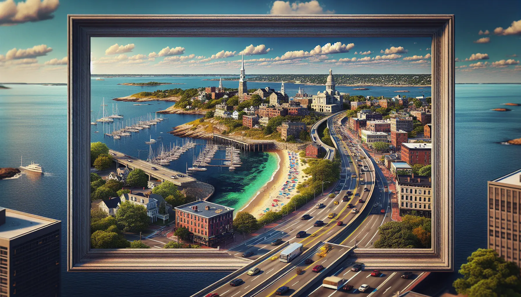 Vista panoramica delle splendide spiagge del Rhode Island con onde che si infrangono sulla sabbia dorata.