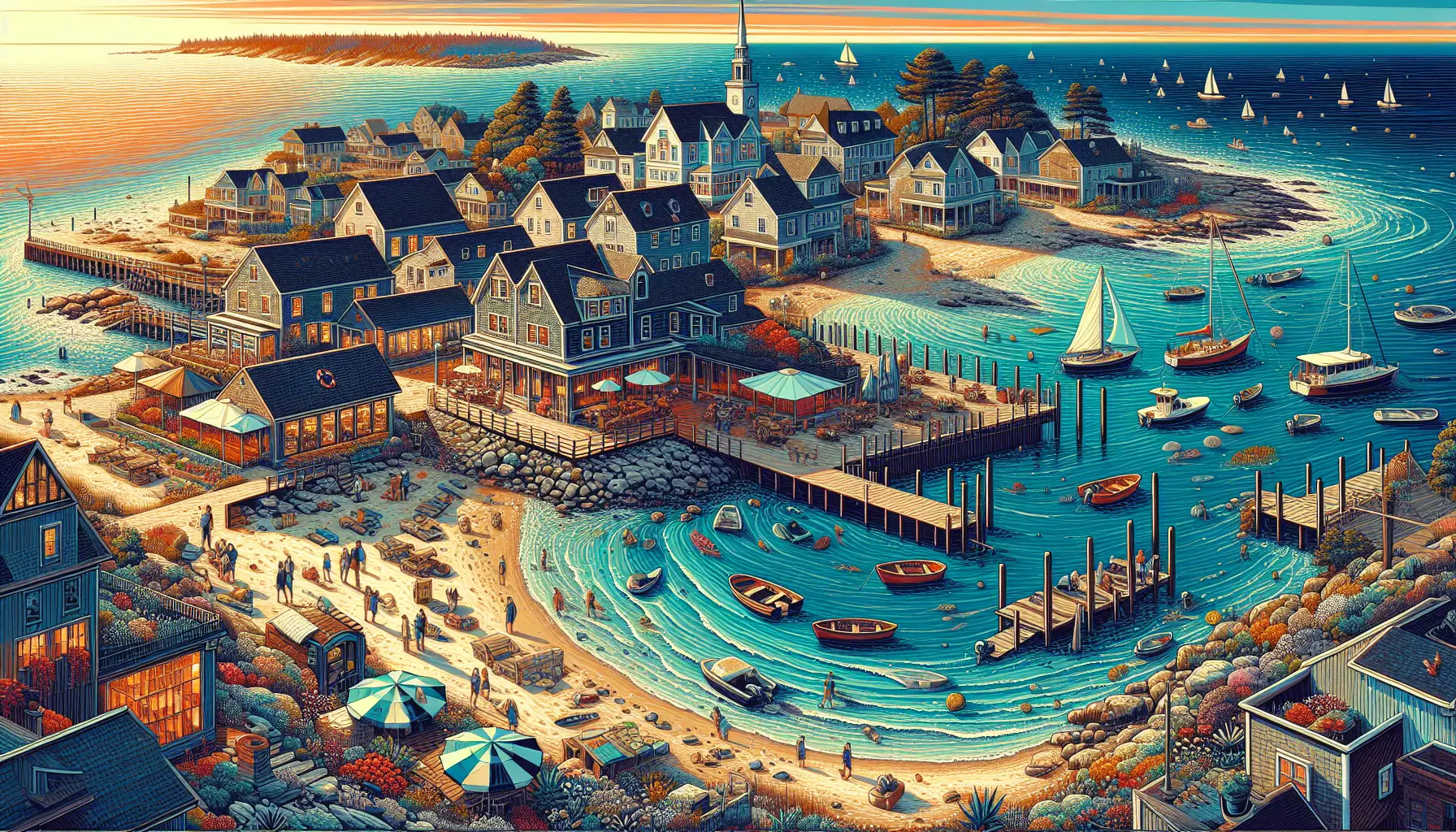 Panorama costiero del Rhode Island con onde che si infrangono sulla spiaggia e un cielo sereno