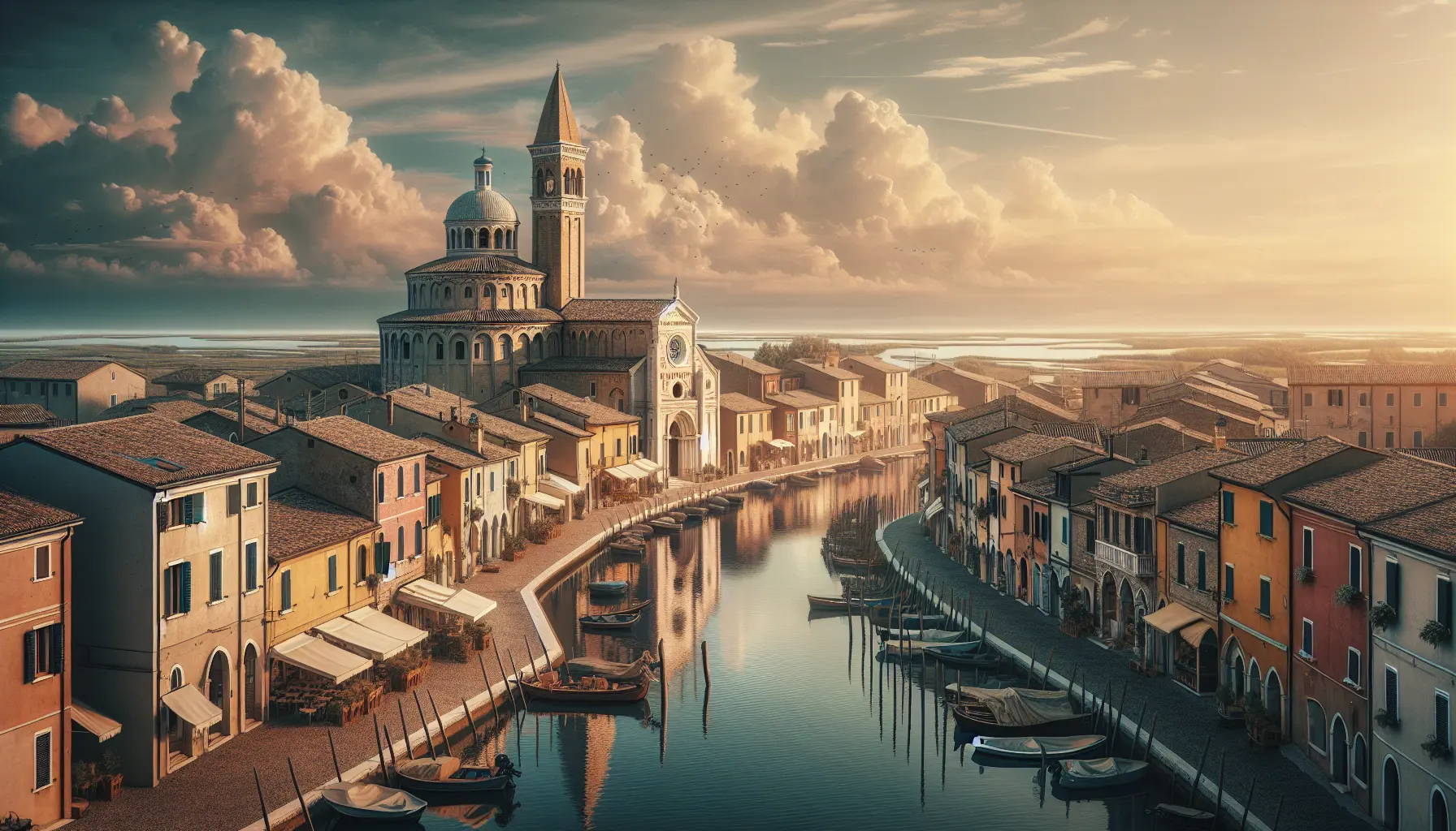 Vista panoramica dei canali di Comacchio con i ponti storici e le architetture colorate.