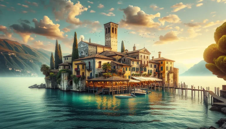 Vista panoramica di Sirmione con il lago sullo sfondo e il castello Scaligero in primo piano.