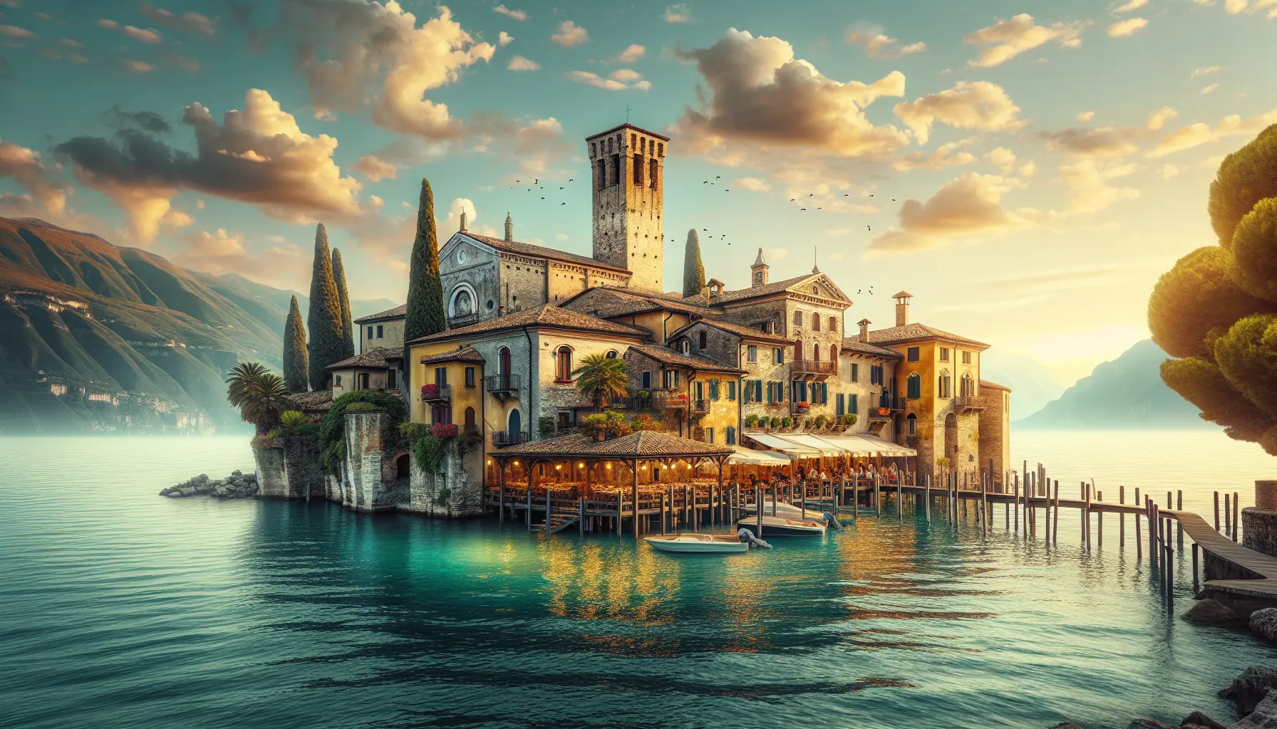 Vista panoramica di Sirmione con il lago sullo sfondo e il castello Scaligero in primo piano.