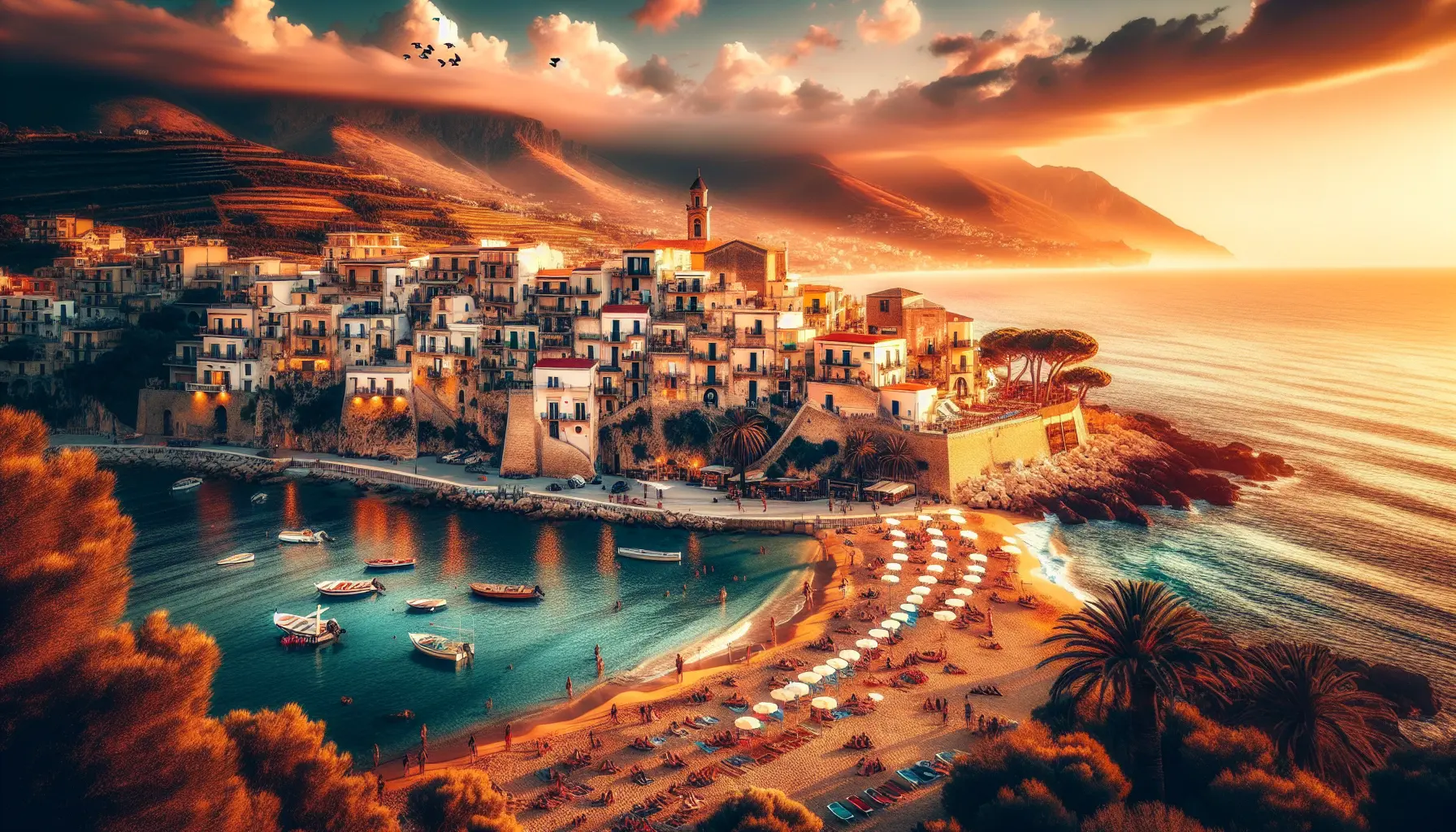 Vista panoramica delle spiagge e della costa di Soverato, Calabria, con acque cristalline e sabbia dorata.