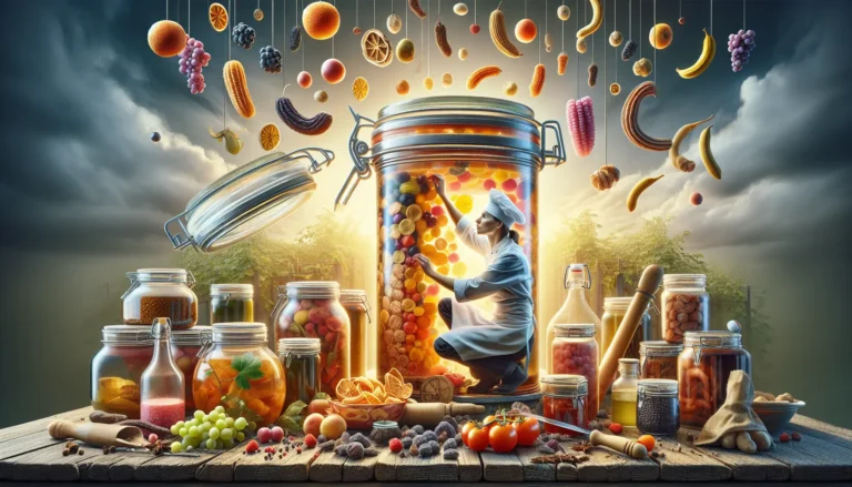 Varie tecniche di conservazione degli alimenti, tra cui fermentazione e essiccazione, rappresentate in un collage di immagini di cibo.