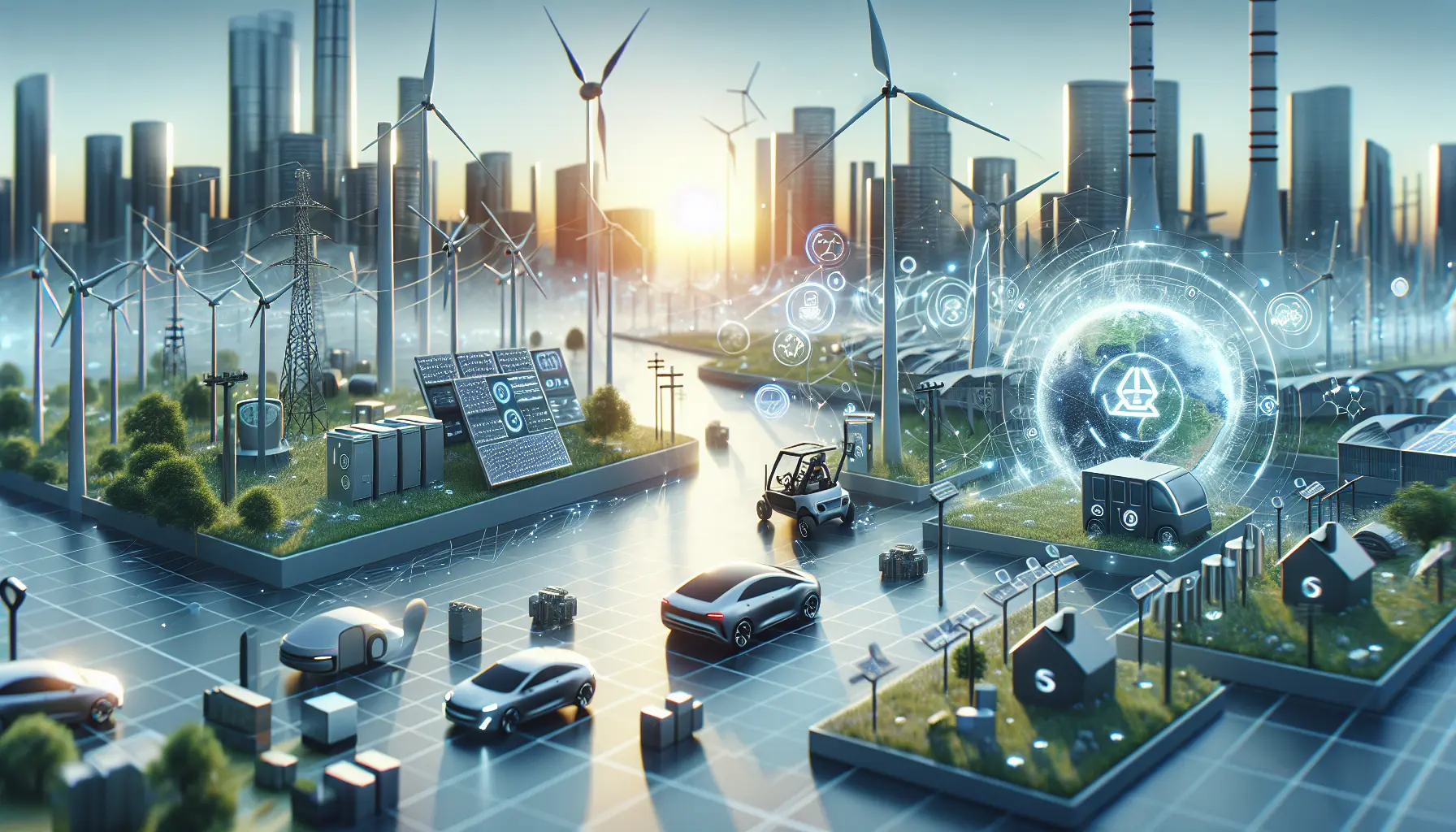 Rappresentazione grafica della tecnologia che combatte i cambiamenti climatici, con elementi come pannelli solari, veicoli elettrici e smart grids.