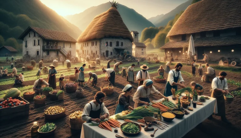 Un gruppo di famiglie che partecipa a un mercato locale, circondato da prodotti freschi e artigianali, simbolo di sostenibilità e comunità.