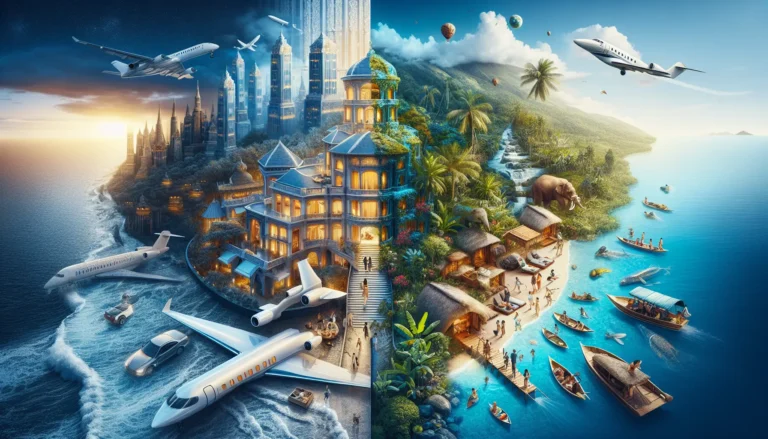 Un giovane viaggiatore esplora una destinazione esotica, rappresentando il contrasto tra turismo di lusso e turismo sostenibile.