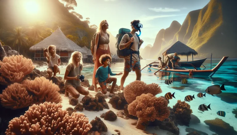 Una famiglia che pratica snorkeling in un'area marina protetta, circondata da pesci colorati e coralli.