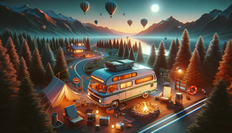 Un camper parcheggiato in un paesaggio naturale, circondato da alberi e montagne.