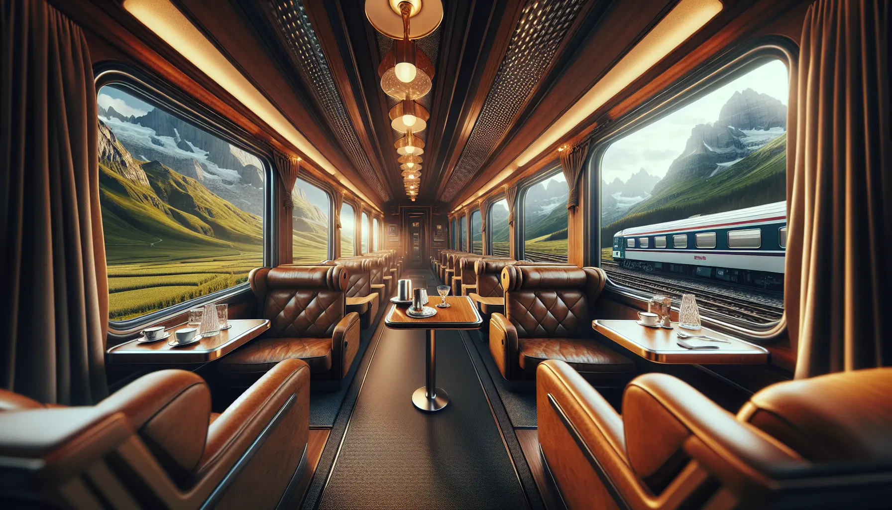 Un treno di lusso che attraversa un paesaggio montano con vista su valli e ghiacciai.