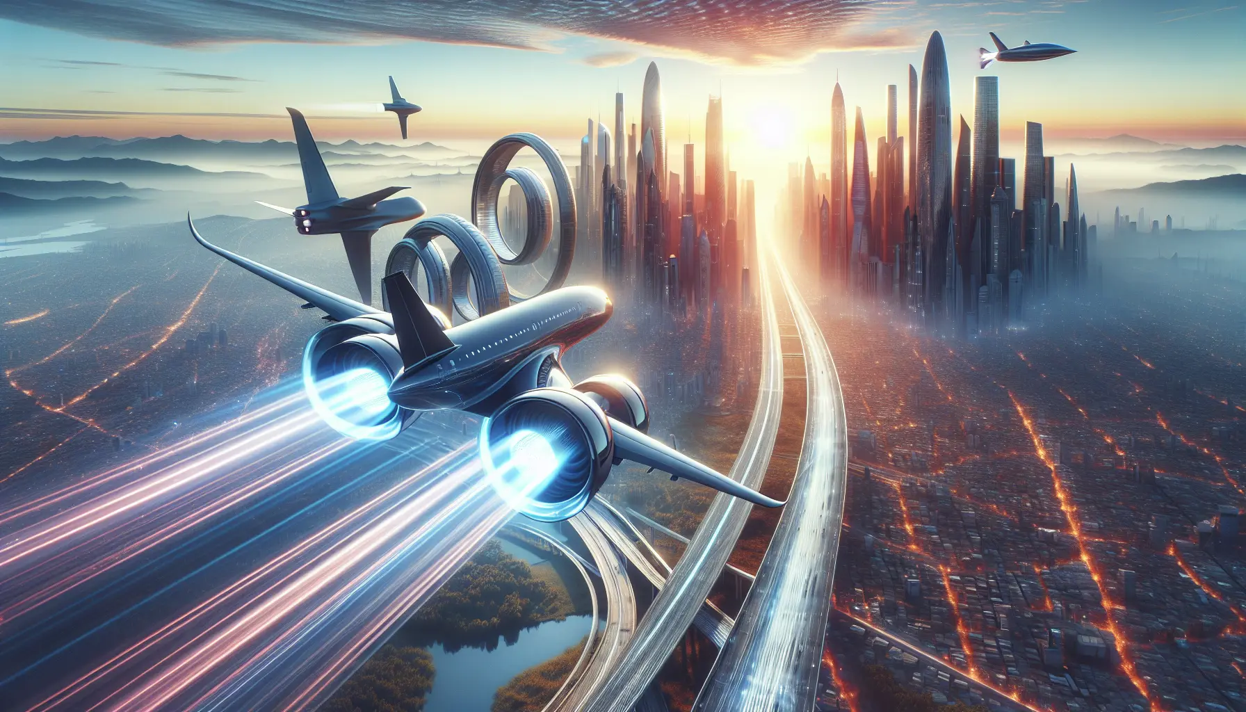 Un aereo futuristico in volo tra le nuvole, rappresentante le innovazioni nel settore dei trasporti aerei.