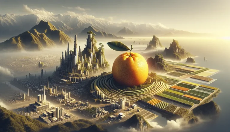 Un frutto di yuzu con la sua buccia gialla brillante, posizionato su un tavolo di legno, circondato da foglie verdi fresche.