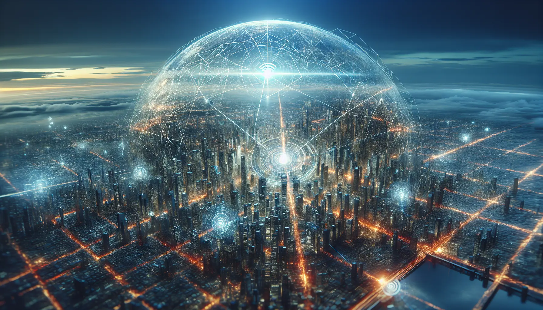 Immagine futuristica di una città intelligente con dispositivi connessi e reti 5G.