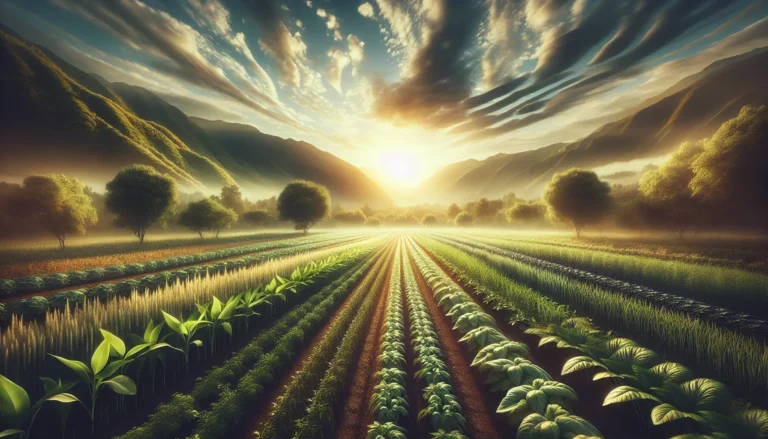 Un campo coltivato con pratiche di agricoltura rigenerativa, mostrando piante diverse e un suolo sano.