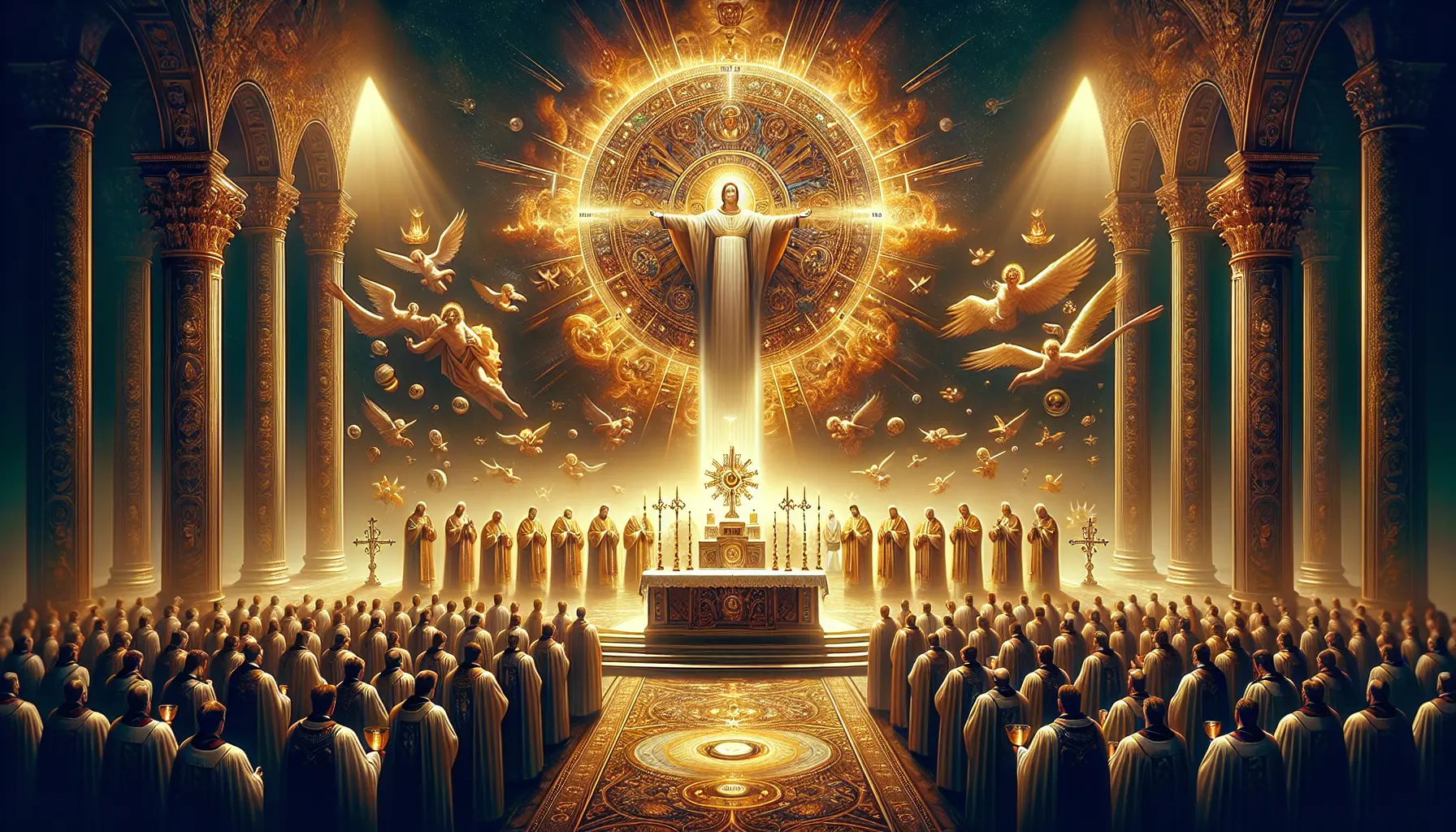 Un sacerdote celebra la messa in una chiesa, con il pubblico attento e il profumo dell'incenso nell'aria.