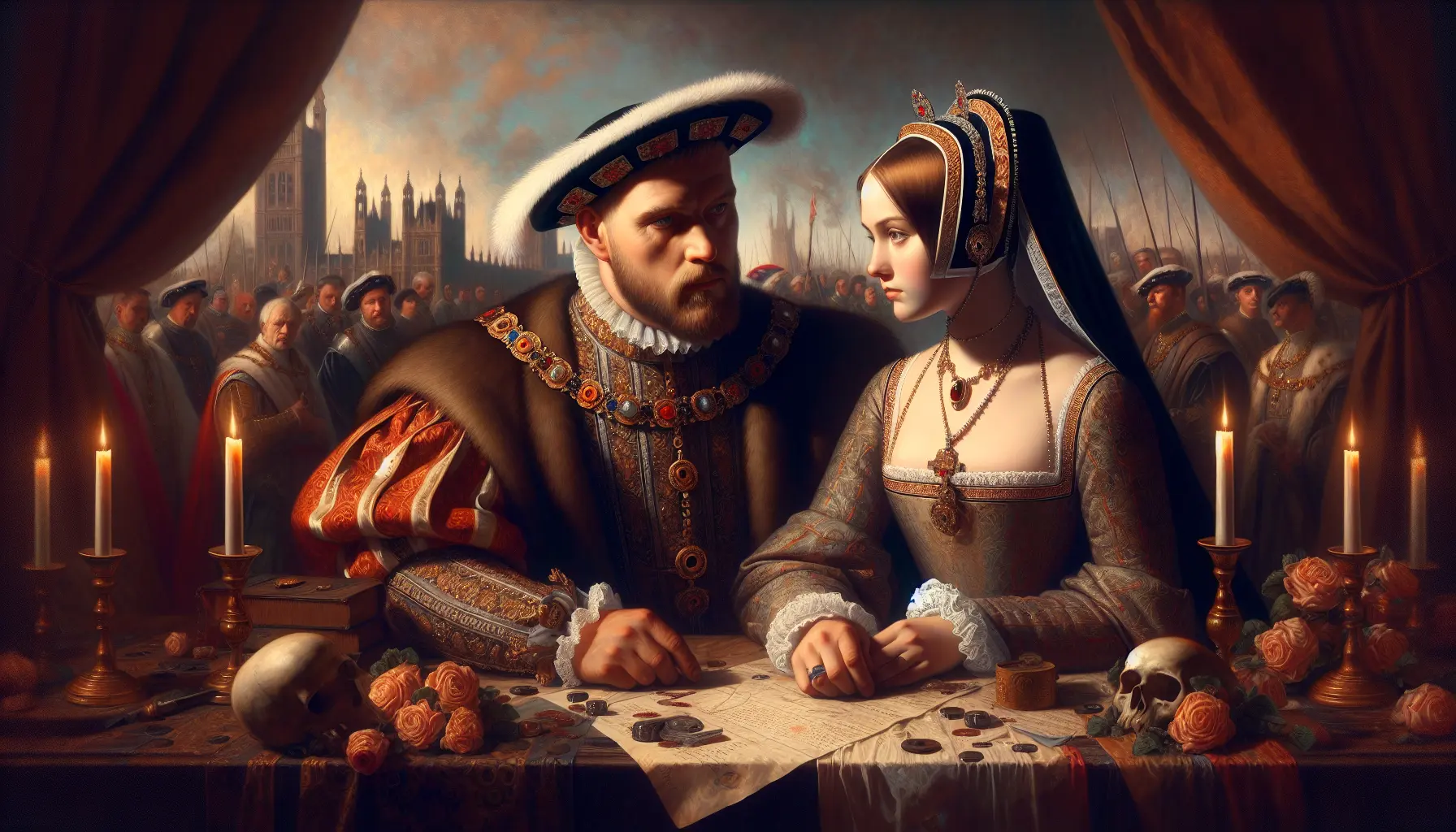 Ritratto di Anna Bolena, regina consorte d'Inghilterra, con abiti storici e gioielli, in un contesto di corte rinascimentale.