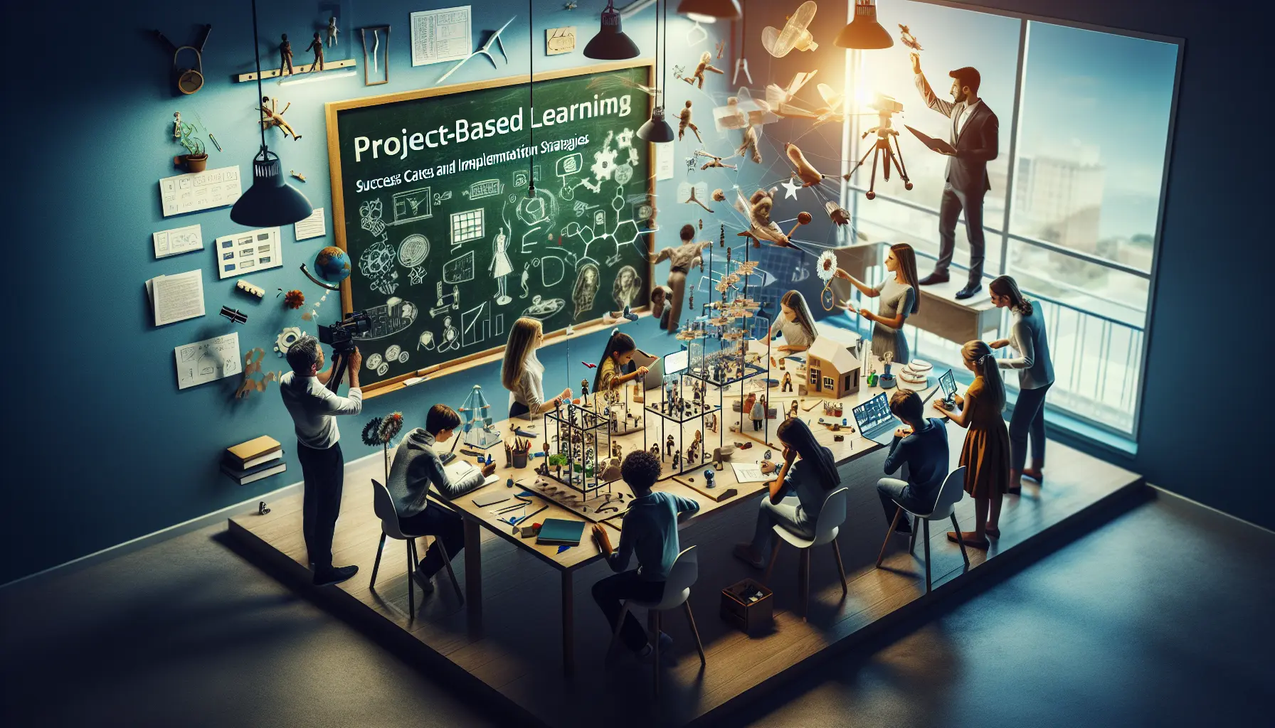 Studente che lavora su un progetto collaborativo in aula, circondato da materiali didattici e tecnologia.