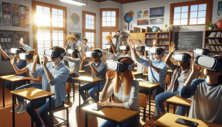 Studente che utilizza un visore di realtà virtuale in aula per un'esperienza di apprendimento immersivo.
