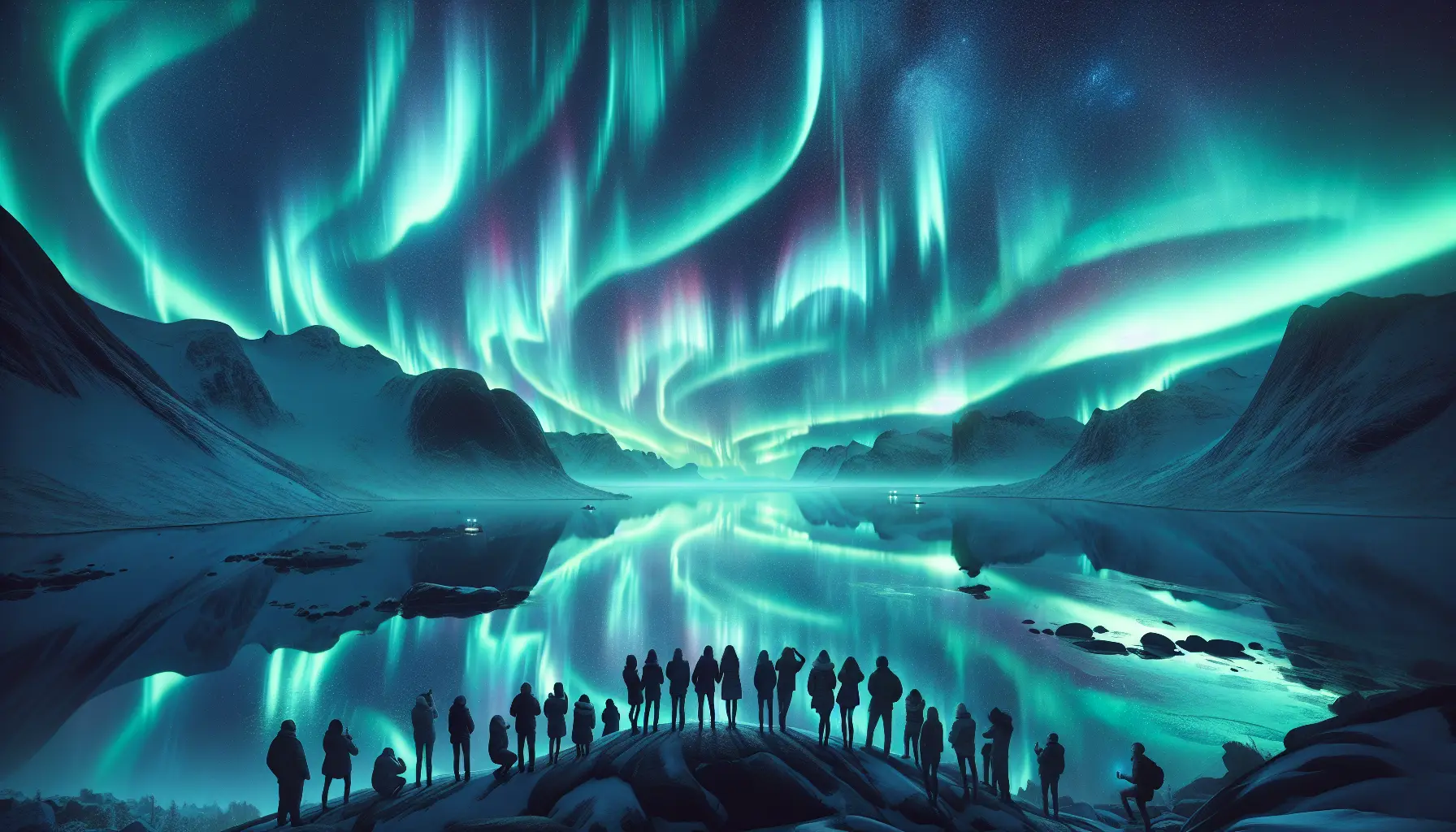 Un cielo notturno illuminato da luci verdi e viola dell'aurora boreale sopra un paesaggio innevato.