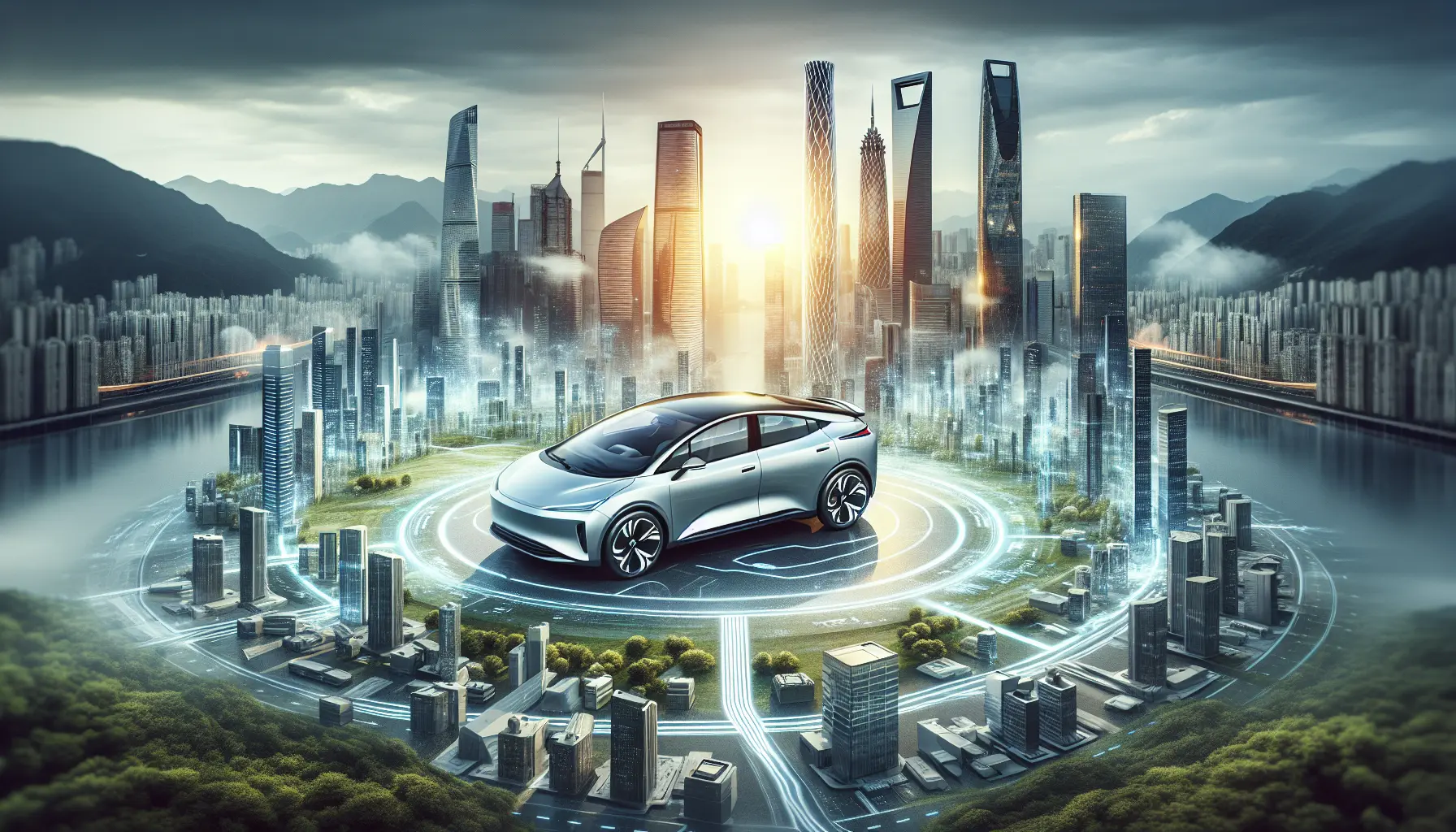 Un'auto elettrica BYD in un contesto urbano moderno, simbolo di innovazione e sostenibilità nel settore automobilistico.