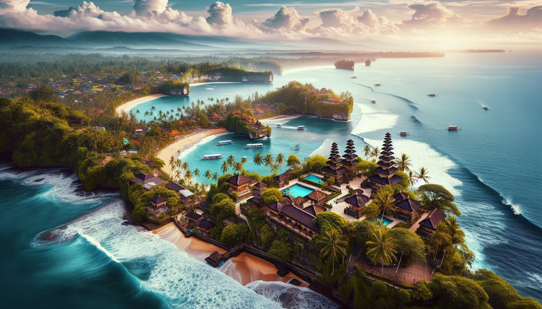 Panorama di una spiaggia di Bali con palme e acque cristalline